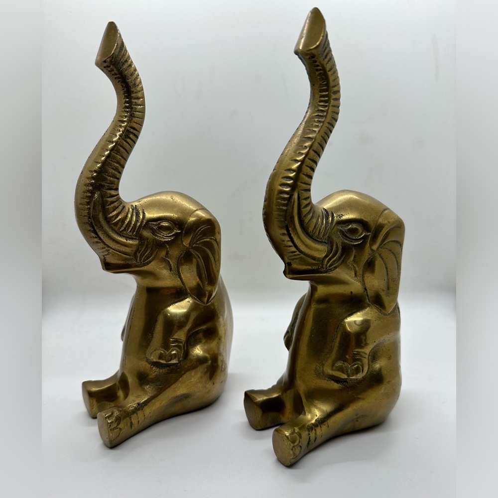 Vintage Cast Brass Pair Of Elephants Sculpture Book Ends Paper‎ Weights